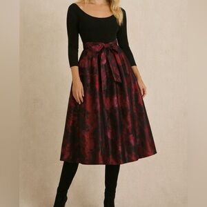 Eliza J Floral Fit Flare Dress 6 Black Pink‎ Satin Holiday Party Wedding Guest